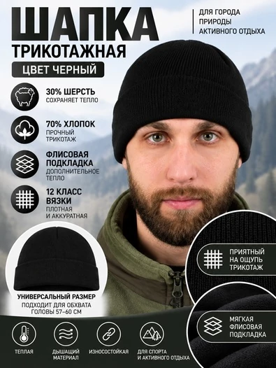 Шапка трикотажная на флисе с отворотом цвет черный 12 класс