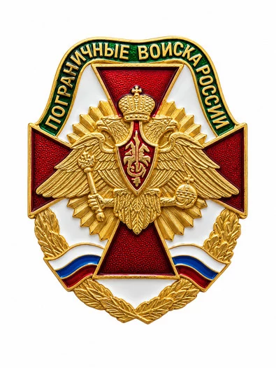 Значок Пограничные войска России, двуглавый орёл, красный крест, триколор