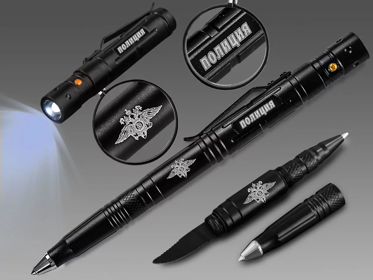 Ручка тактическая с фонариком "Эмблема Полиции" цвет черный