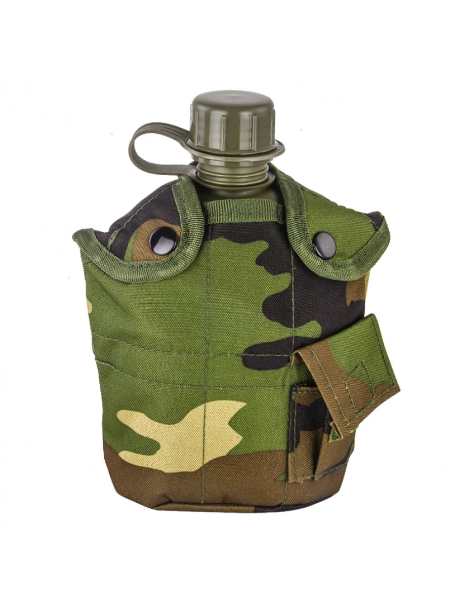 Армейская фляга (фляжка) пластиковая 1 литр, в камуфлированном чехле с алюминиевым котелком, цвет Вудланд, (Woodland)