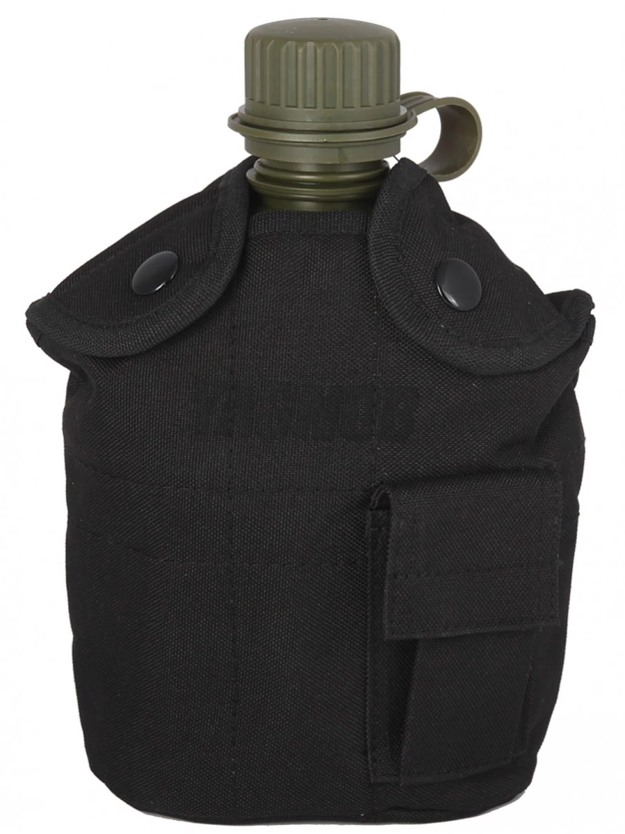 Армейская фляга (фляжка) пластиковая 1 литр, в чехле с алюминиевым котелком, цвет Черный (Black)