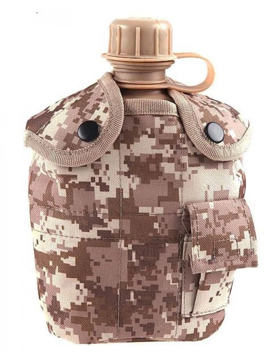 Армейская фляга пластиковая 1 литр, в камуфлированном чехле с алюминиевым котелком, цвет Пустыня цифровая
