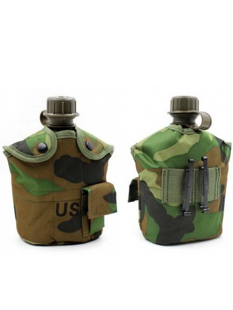 Армейская фляга пластиковая 1 литр, в камуфлированном чехле с алюминиевым котелком, цвет камуфляж РФ лес