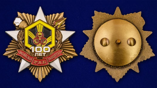 Орден "100 лет РХБ защиты" в красивом футляре из флока бордового цвета