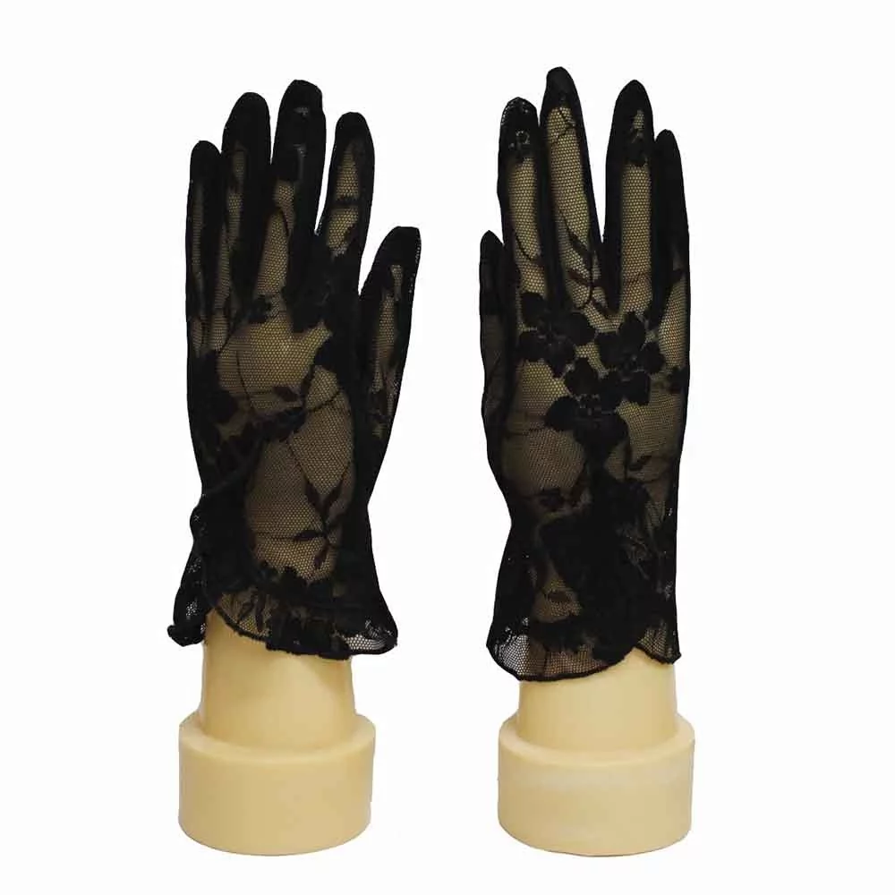 Женские перчатки кружевные со сборкой, цвет черный