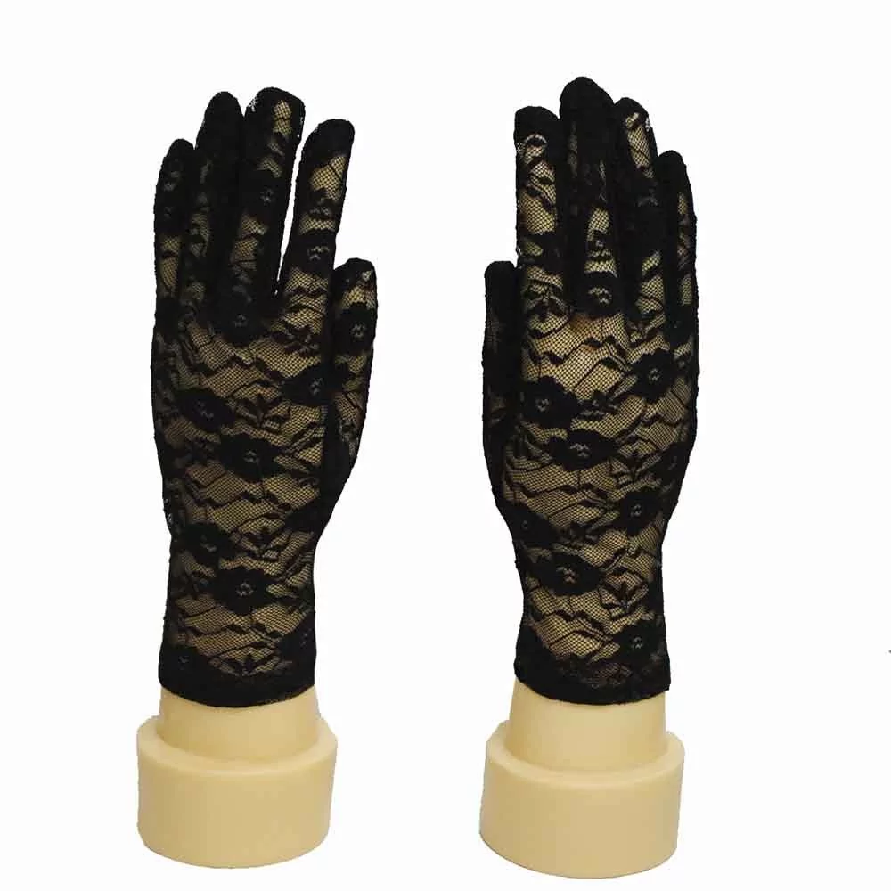 Женские перчатки кружевные с цветами прозрачные цвет черный