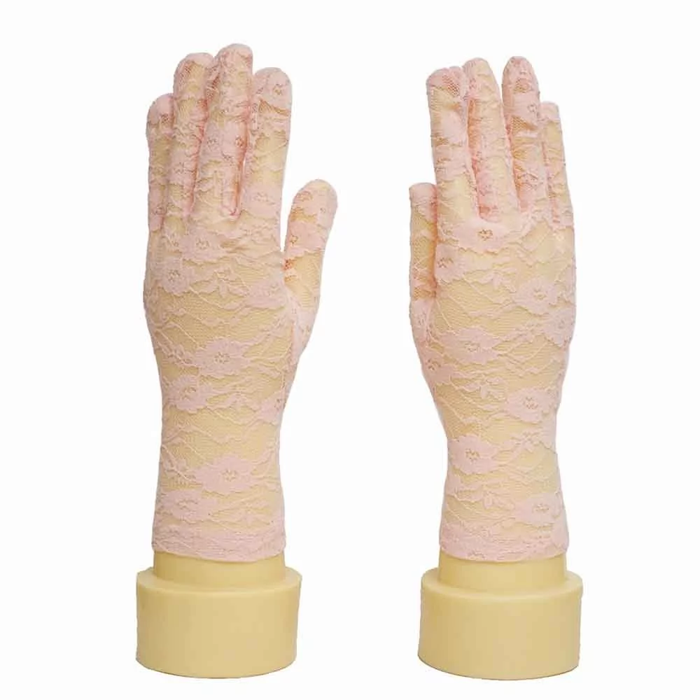 Женские перчатки кружевные с цветами прозрачные цвет розовый