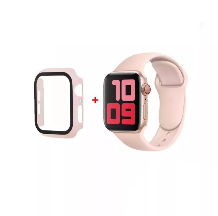 Комплект: Силиконовый ремешок + Чехол-накладка со стеклом для Apple Watch 40 мм цвет розовый песок