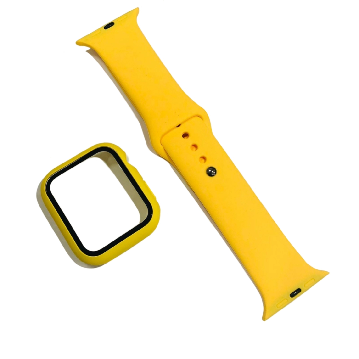 Комплект: Силиконовый ремешок+ Чехол-накладка со стеклом для Apple Watch 44 мм желтый