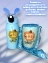 Термос детский с трубочкой и кнопкой Зайка голубой резиновые ушки Объем 400 мл